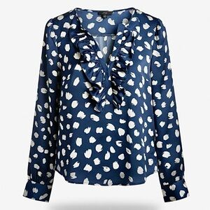 J Crew Navy Blue & White Ruffle Blouse S
